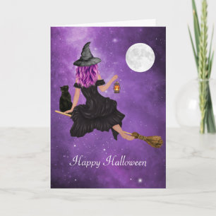 Carte Joyeux Halloween Sorcière Magique Volante
