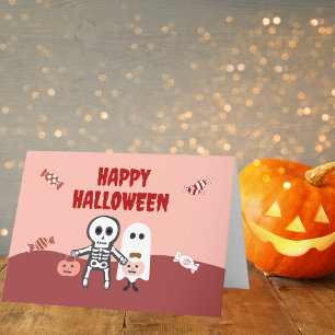 Carte Joyeux Halloween squelette mignonne et fantôme ave