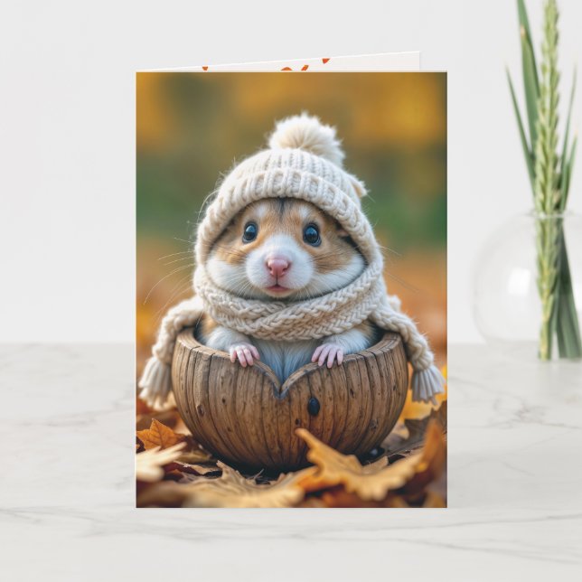 Carte Joyeux hamster d'automne dans un noyer (Devant)