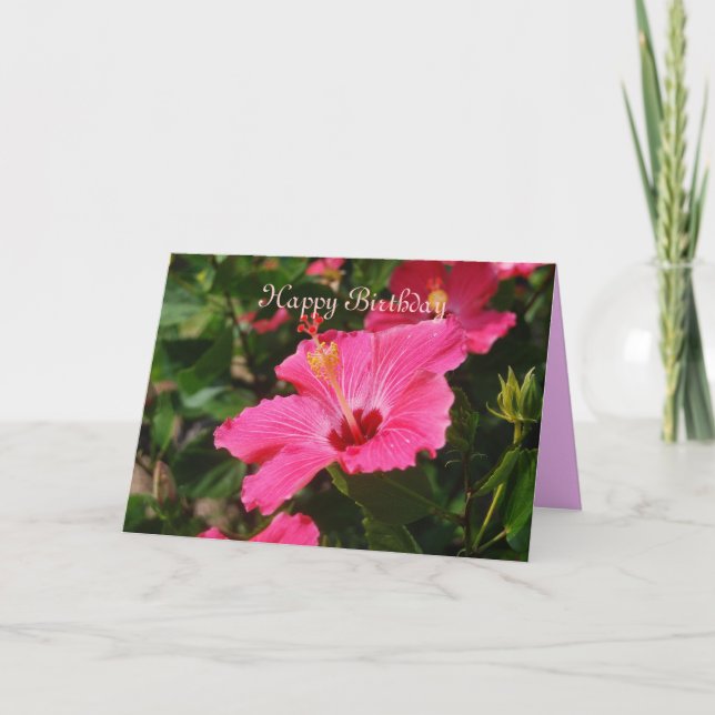 Carte Joyeux Hibiscus rose rayé d'anniversaire (Devant)