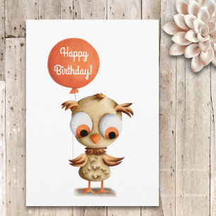 Carte Joyeux hibou Brown d'anniversaire avec ballon oran