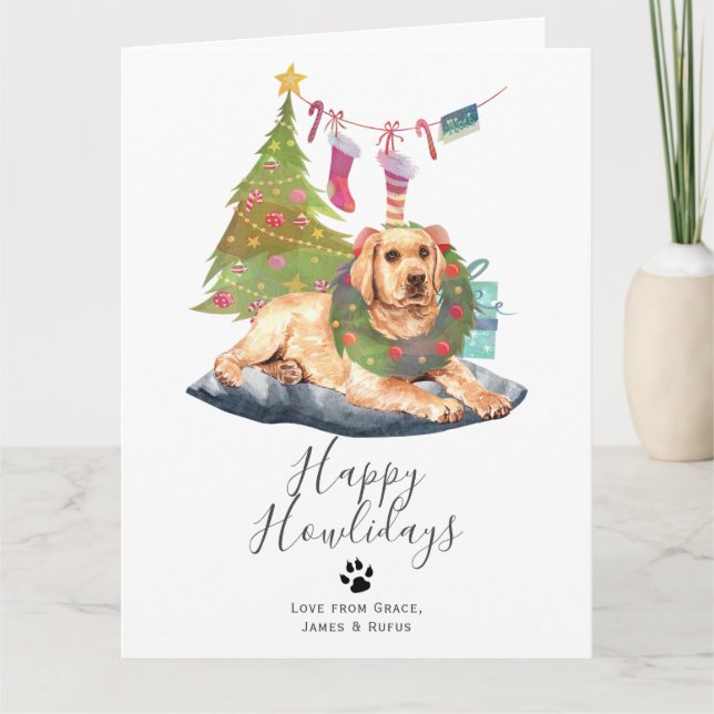 Carte Joyeux Howlidays Jaune Labrador Chien Noël (Devant)