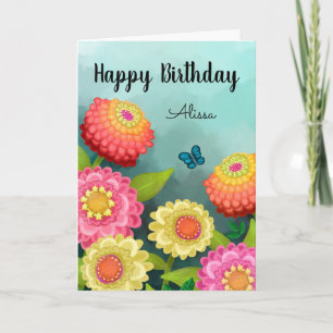Carte Joyeux Jardin aux fleurs d'anniversaire et papillo