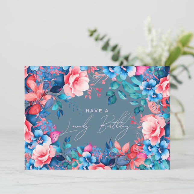 Carte Joyeux Jardin d'Anniversaire Floral Dusty Blue Blu (Debout devant)