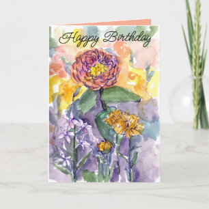 Carte Joyeux Jardin d'aquarelle rose Zinnias Annias