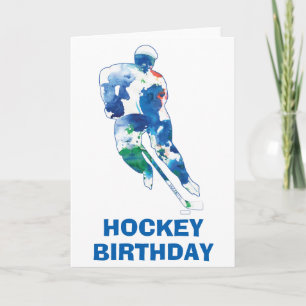 Carte Joyeux Joueur de hockey d'anniversaire aquarelle