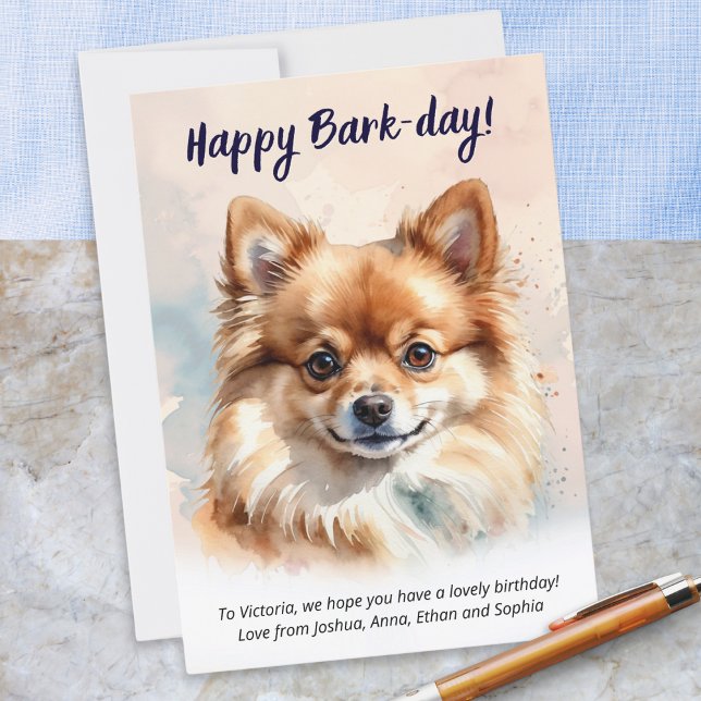Carte Joyeux Jour de l'écorce Aquarelle Chien de Poméran (A birthday card with picture of a Pomeranian dog, with 'Happy Bark-day!" greeting and custom text)