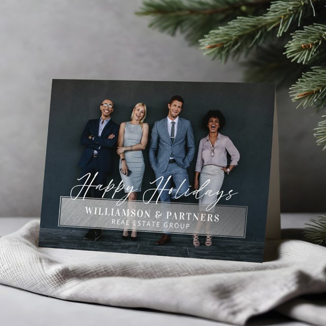 Carte Joyeux Jours de Vacances Script Société Photo Plaq (Happy Holidays Script Company Photo Silver Plaque Card)