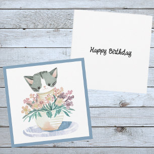 Carte Joyeux Kitten Anniversaire Assis Dans Un Pot De Fl