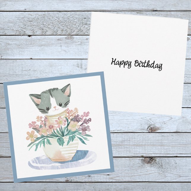 Carte Joyeux Kitten Anniversaire Assis Dans Un Pot De Fl (Front And Back)