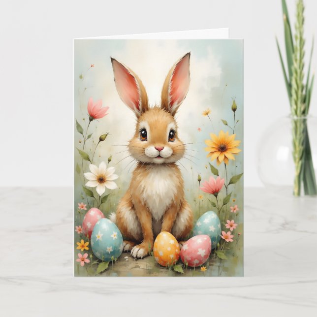 Carte Joyeux Lapin de Pâques Œufs Fleurs Pâques (Devant)