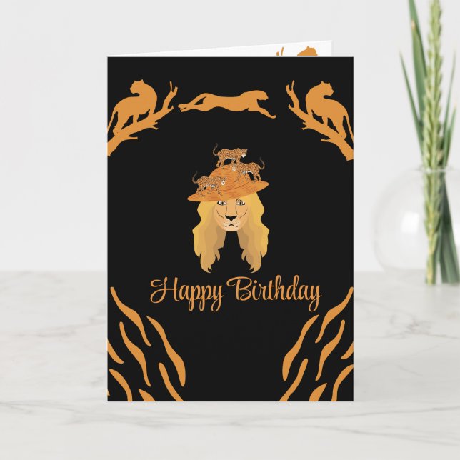 Carte joyeux lion d'anniversaire casquette noir et or (Devant)