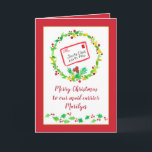 Carte Joyeux message de Noël Nom personnalisé du transpo<br><div class="desc">Une carte de Noël festive pour votre transporteur de courrier décorée d'une lettre au Père Noël au pôle nord,  bordée d'une sainte couronne illustrée d'aquarelle sur un arrière - plan rouge.  Customisez le texte à vos besoins.</div>