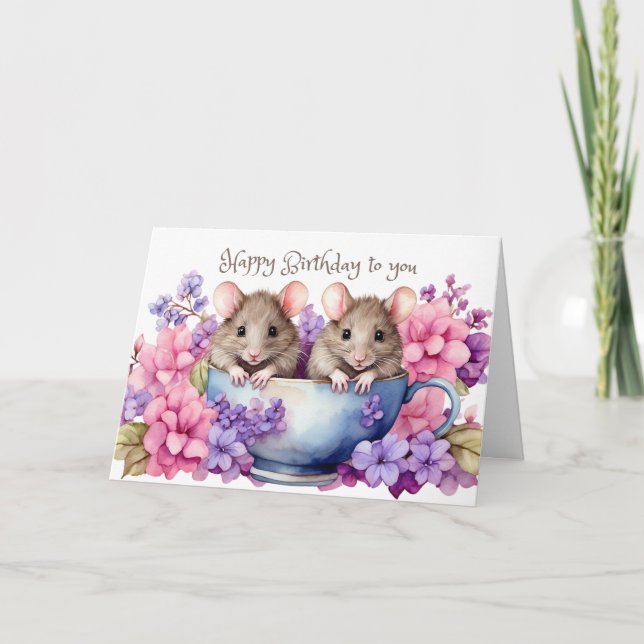 Carte Joyeux Mice d'aquarelle d'anniversaire dans une Te (Devant)