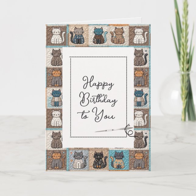 Carte Joyeux Motif Quilt Chat Anniversaire Avec Aiguille (Devant)