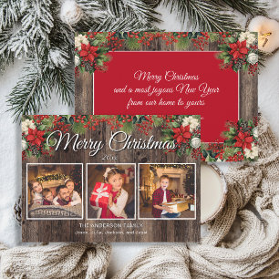 Carte Joyeux Noël 3 Photo Bois Rustique Houx Baies