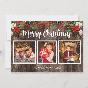 Carte Joyeux Noël 3 Photo Bois Rustique Poinsettia Rouge