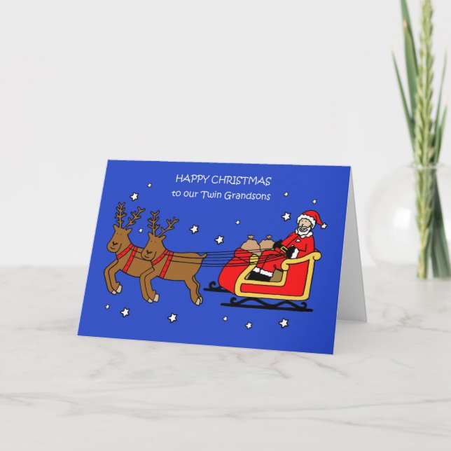 Carte Joyeux Noël à Twin Grandsons Père Noël et Sleigh (Devant)