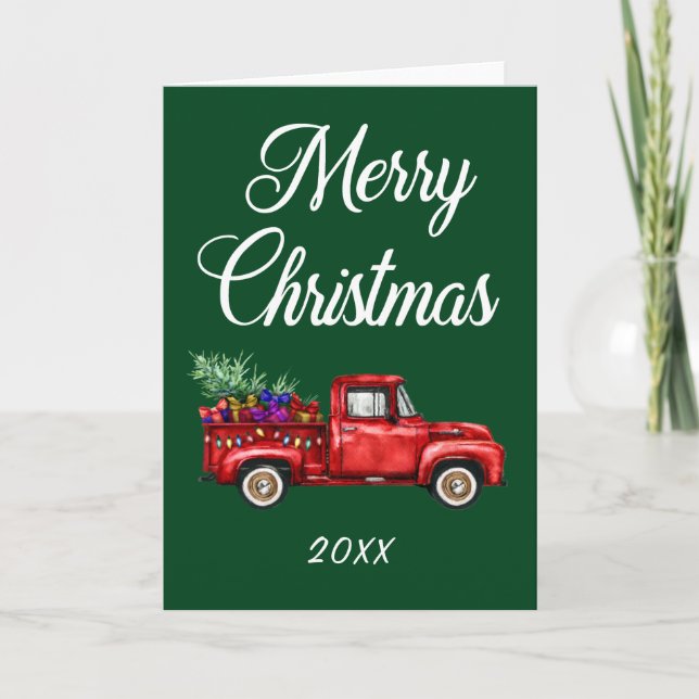 Carte Joyeux Noël Année Vintage Camion Rouge Cadeaux (Devant)