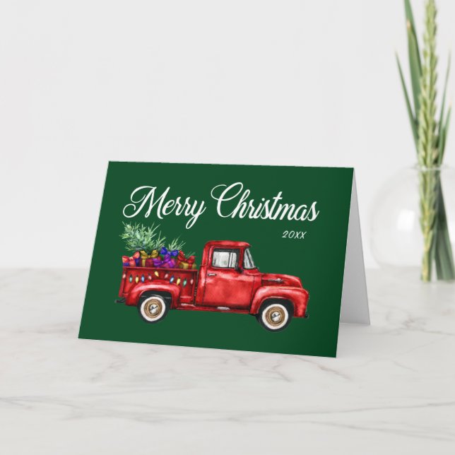 Carte Joyeux Noël Année vintage du Camion Rouge (Devant)