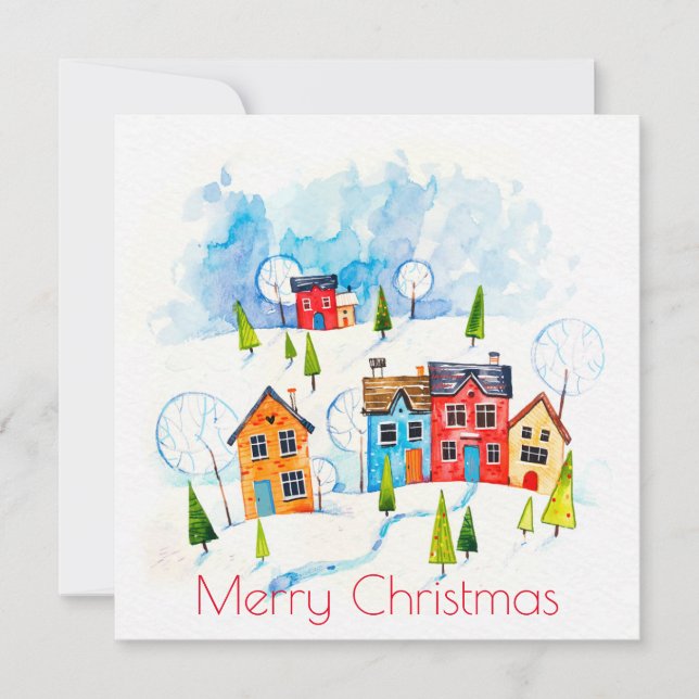Carte Joyeux Noël aquarelle canton enneigé (Devant)
