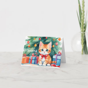 Carte Joyeux Noël Aquarelle Orange Kitten