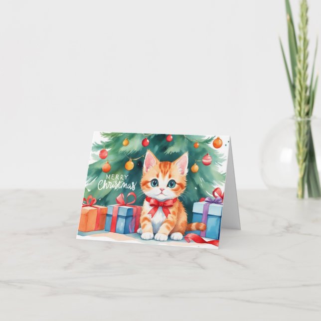 Carte Joyeux Noël Aquarelle Orange Kitten (Devant)