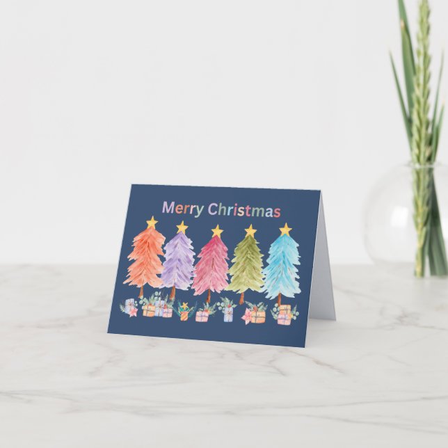 Carte Joyeux Noël Arbres de Noël et Cadeaux (Devant)