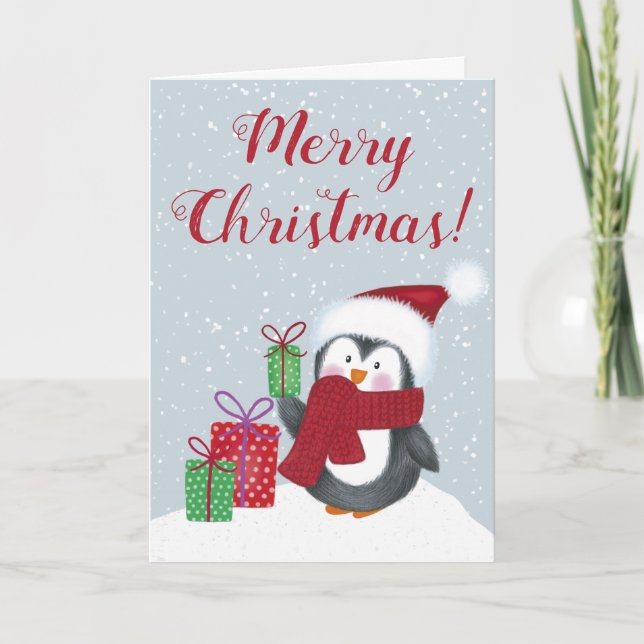 Carte Joyeux Noël au Manchot Mignon (Devant)