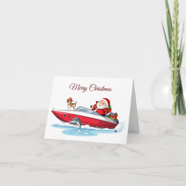 Carte Joyeux Noël au Père Noël sur le bateau avec chien  (Devant)
