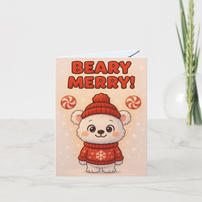 Carte Joyeux Noël avec un ours polaire mignon (Devant)