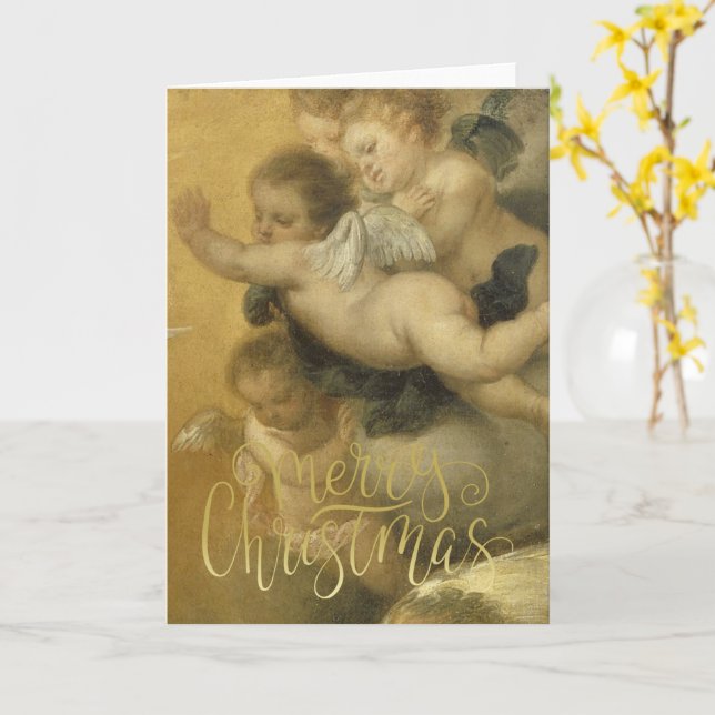 Carte Joyeux Noël - Beaux Chérubins Art Fin (Fleur jaune)