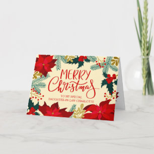 Carte Joyeux Noël belle belle-fille fleurs et houx