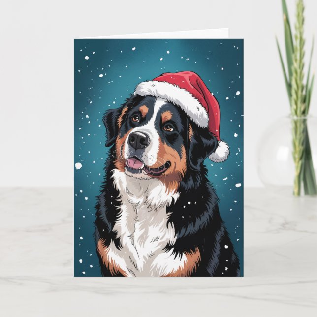 Carte Joyeux Noël Bernese Mountain Dog à Père Noël (Devant)