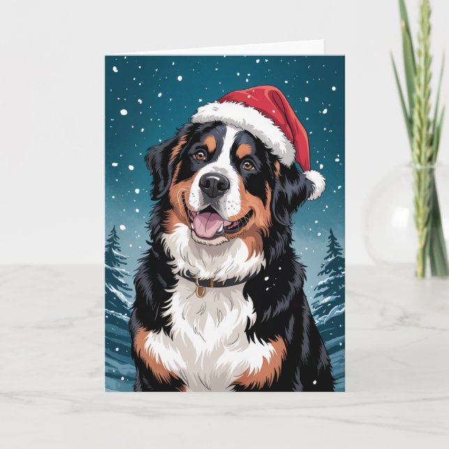 Carte Joyeux Noël Bernese Mountain Dog à Père Noël (Devant)