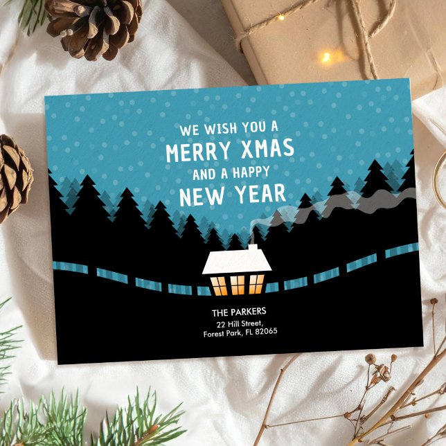 Carte Joyeux Noël bleu avec des pins rétro (Créateur téléchargé)