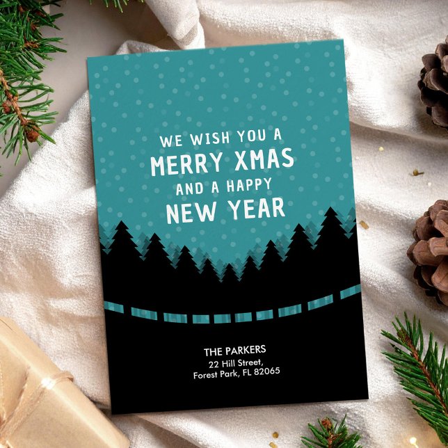 Carte Joyeux Noël bleu avec une forêt de style rétro et  (Créateur téléchargé)
