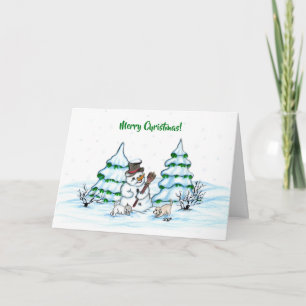 Carte Joyeux Noël ! Bonhomme de neige avec chat et chiot
