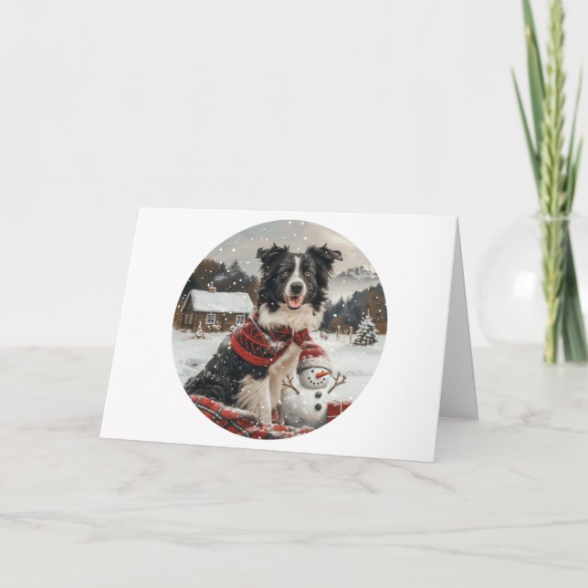 Carte Joyeux Noël Bordure Collie Chien Snowman (Devant)