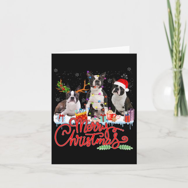 Carte Joyeux Noël Boston Terrier Père Noël Reindeer Ligh (Devant)