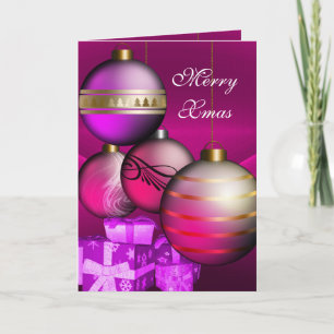 Carte Joyeux Noël Boules Roses Prune