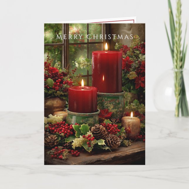 Carte Joyeux Noël Cheminée Bougies Rouges Cônes de Pin (Devant)