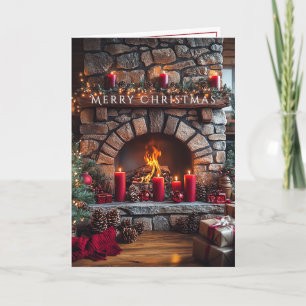 Carte Joyeux Noël Cheminée Bougies Rouges Cônes de Pin