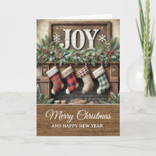 Carte Joyeux Noël Cheminée Joie Rustique Vintage 