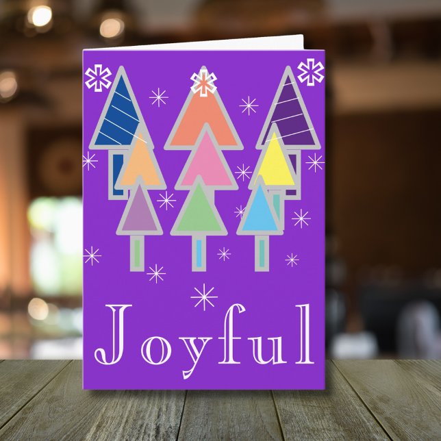 Carte Joyeux Noël Chic Joyeux Script Fun Purple Noël ('Joyful' purple holiday card with modern abstract art Christmas trees.)