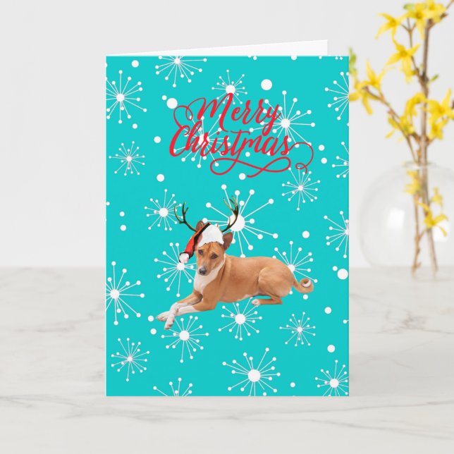 Carte Joyeux Noël chien Basenji  (Fleur jaune)