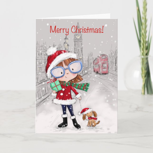 Carte Joyeux Noël, City Girl Walking her Dog (Devant)