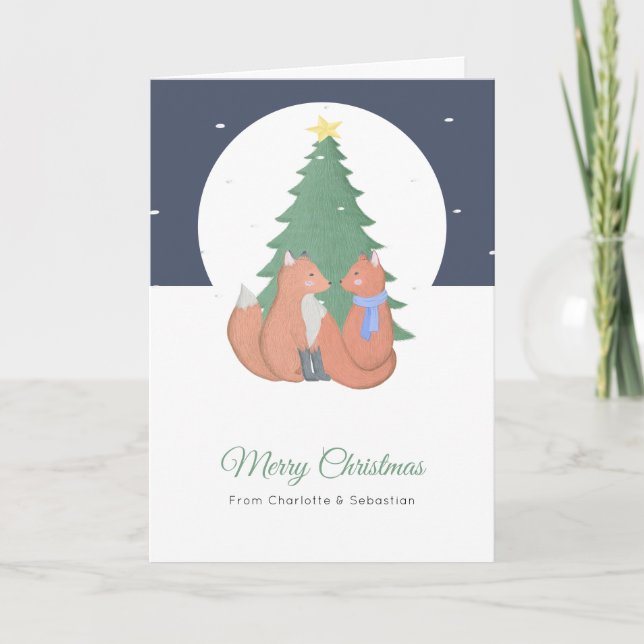 Carte Joyeux Noël Couple de Renards Mignons et Arbre (Devant)