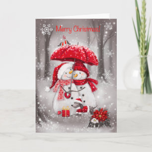 Carte Joyeux Noël, Couple Snowman avec parapluie