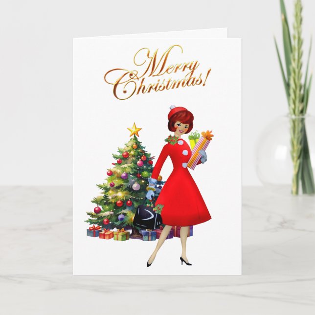 Carte Joyeux Noël Dame Vintage 1950  (Devant)
